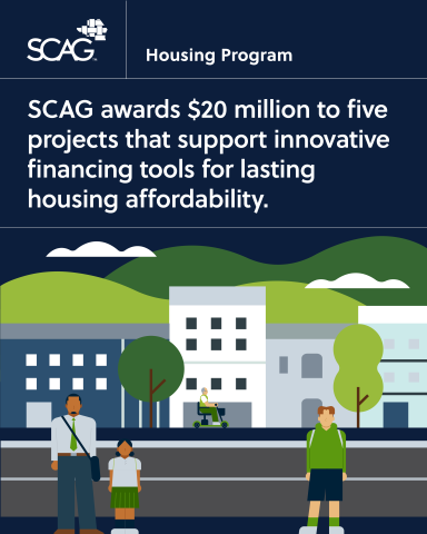 Housing program graphic with people, trees, and buildings in a neighborhood setting.